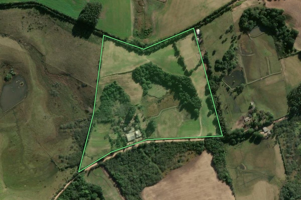 Imagem de satélite do imóvel rural em Camaquã (RS), com o contorno declarado no CAR desenhado por cima.