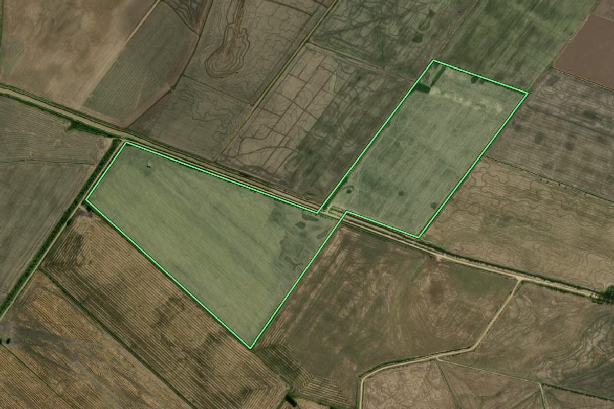 Imagem de satélite do imóvel rural em Camaquã (RS), com o contorno declarado no CAR desenhado por cima.
