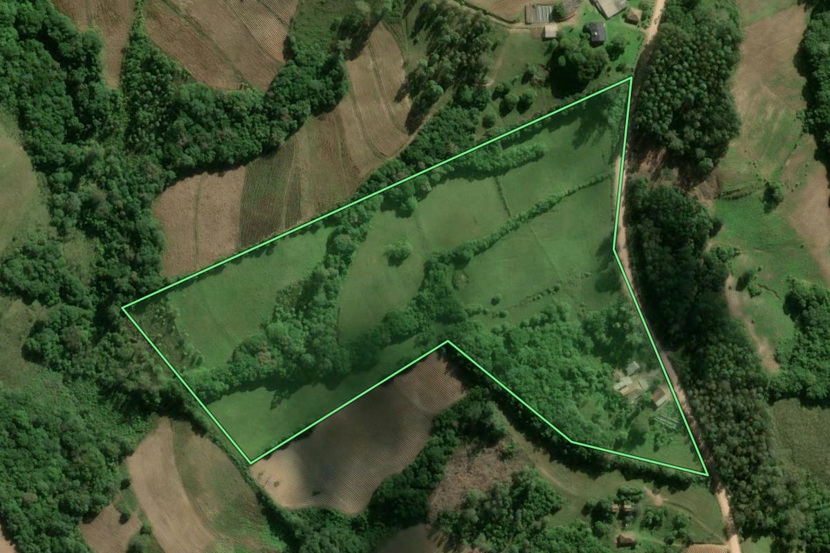 Imagem de satélite do imóvel rural em Camaquã (RS), com o contorno declarado no CAR desenhado por cima.