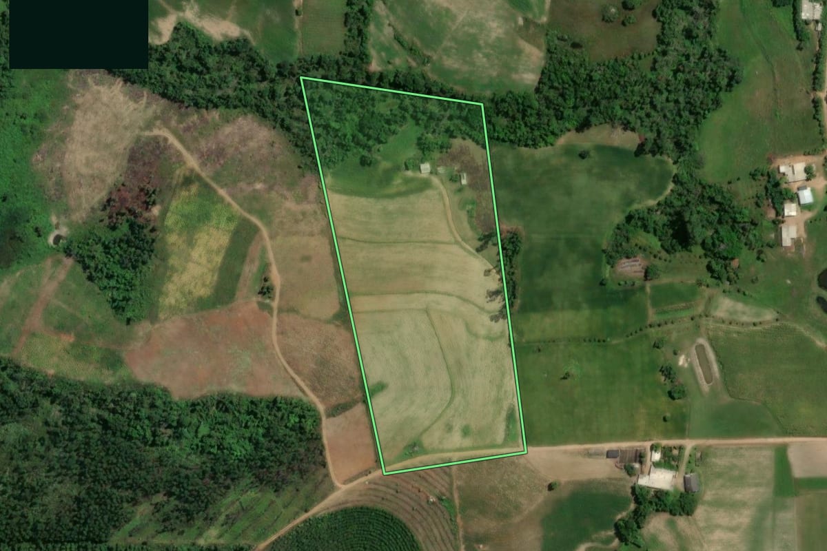 Imagem de satélite do imóvel rural em Camaquã (RS), com o contorno declarado no CAR desenhado por cima.