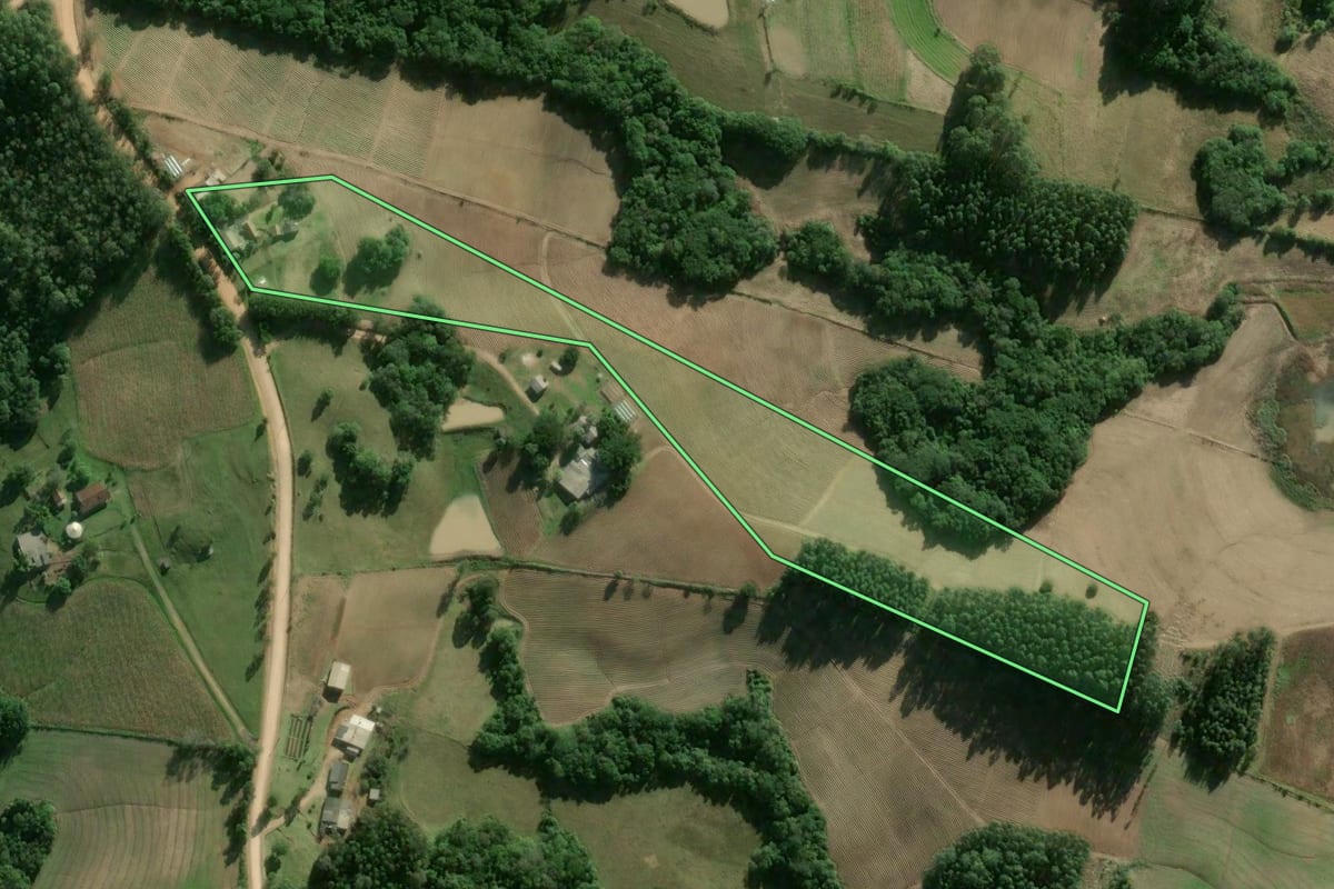 Imagem de satélite do imóvel rural em Camaquã (RS), com o contorno declarado no CAR desenhado por cima.