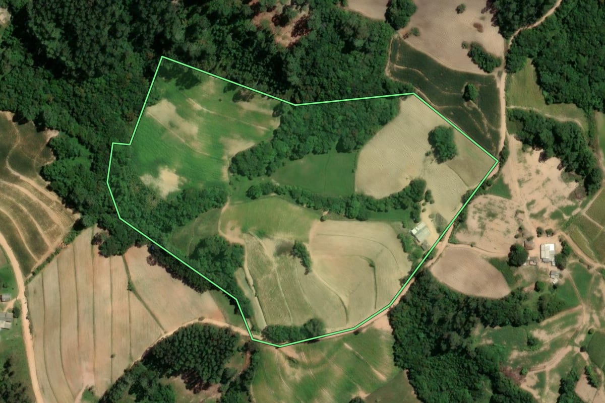 Imagem de satélite do imóvel rural em Camaquã (RS), com o contorno declarado no CAR desenhado por cima.