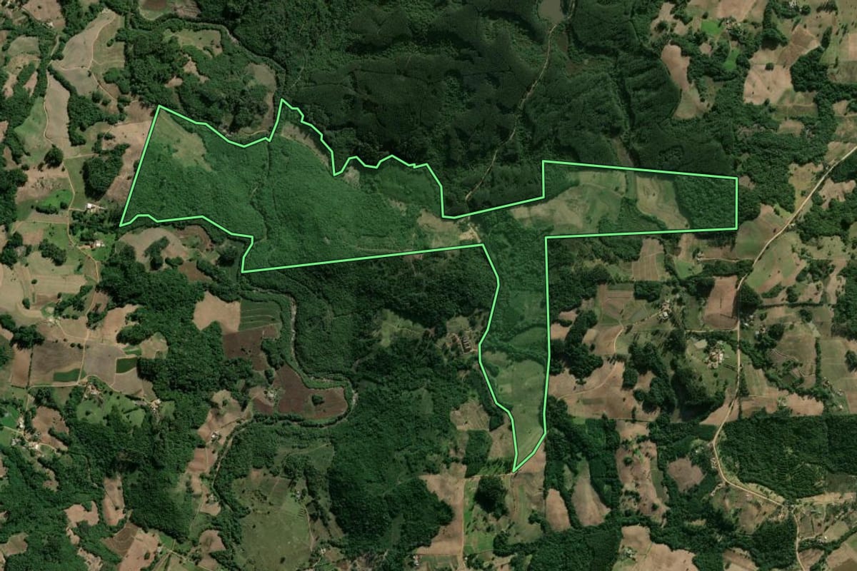 Imagem de satélite do imóvel rural em Camaquã (RS), com o contorno declarado no CAR desenhado por cima.