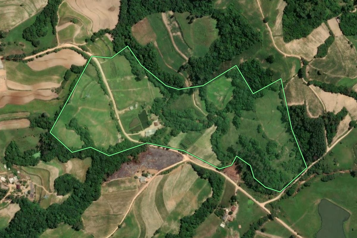 Imagem de satélite do imóvel rural em Camaquã (RS), com o contorno declarado no CAR desenhado por cima.
