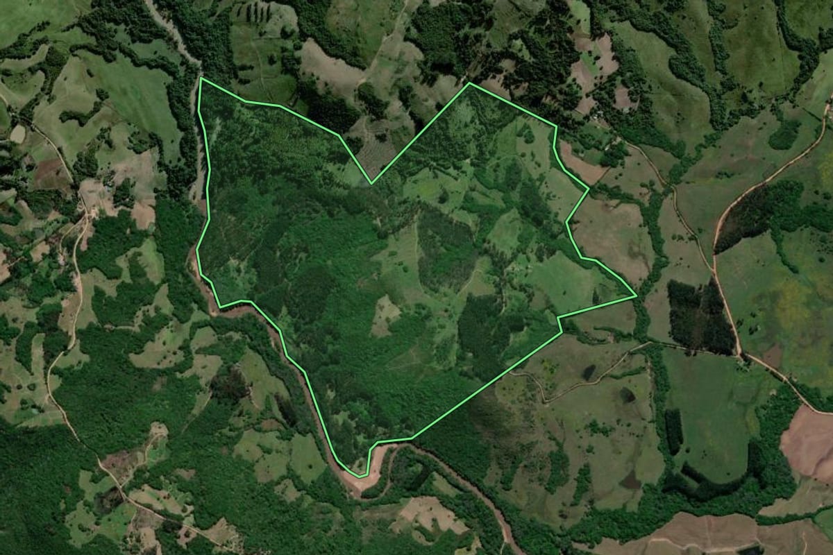 Imagem de satélite do imóvel rural em Camaquã (RS), com o contorno declarado no CAR desenhado por cima.