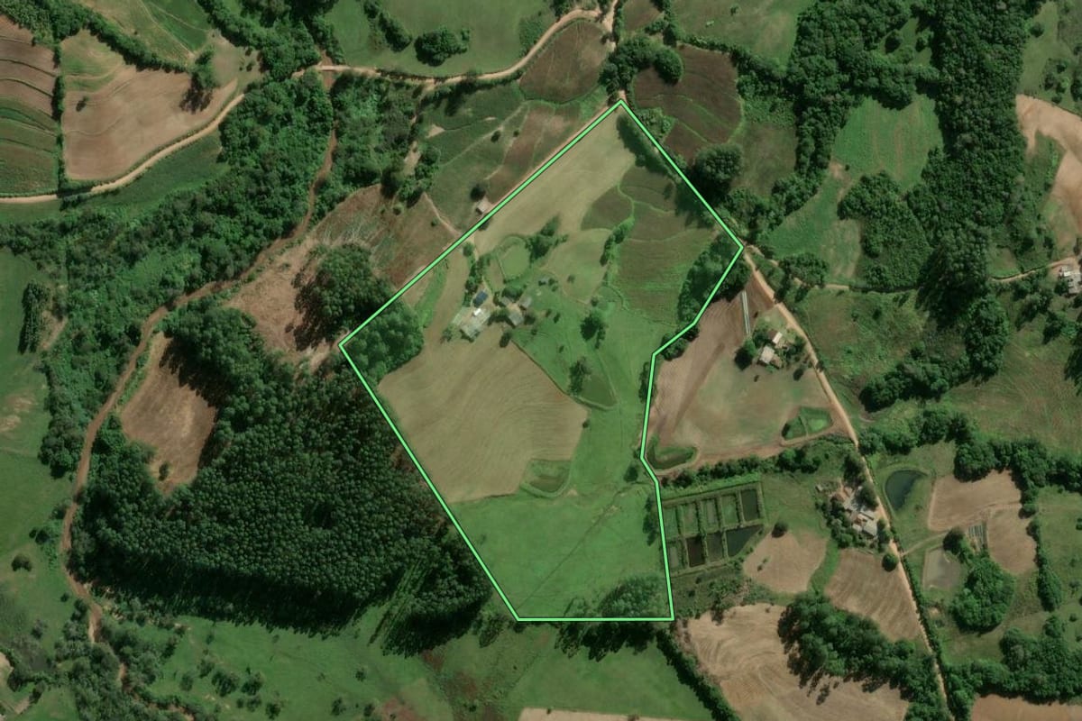 Imagem de satélite do imóvel rural em Camaquã (RS), com o contorno declarado no CAR desenhado por cima.