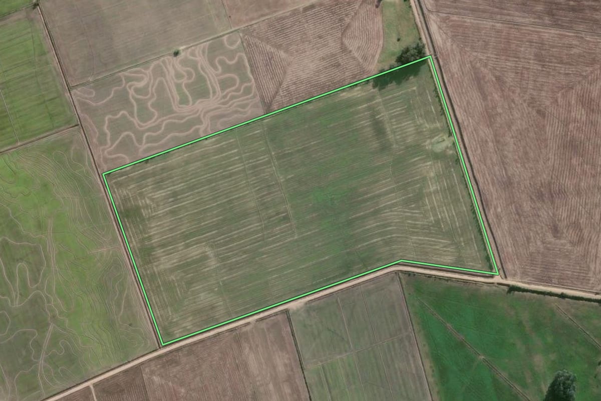 Imagem de satélite do imóvel rural em Camaquã (RS), com o contorno declarado no CAR desenhado por cima.