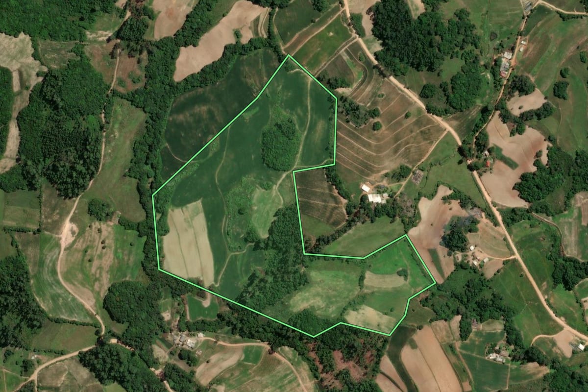 Imagem de satélite do imóvel rural em Camaquã (RS), com o contorno declarado no CAR desenhado por cima.
