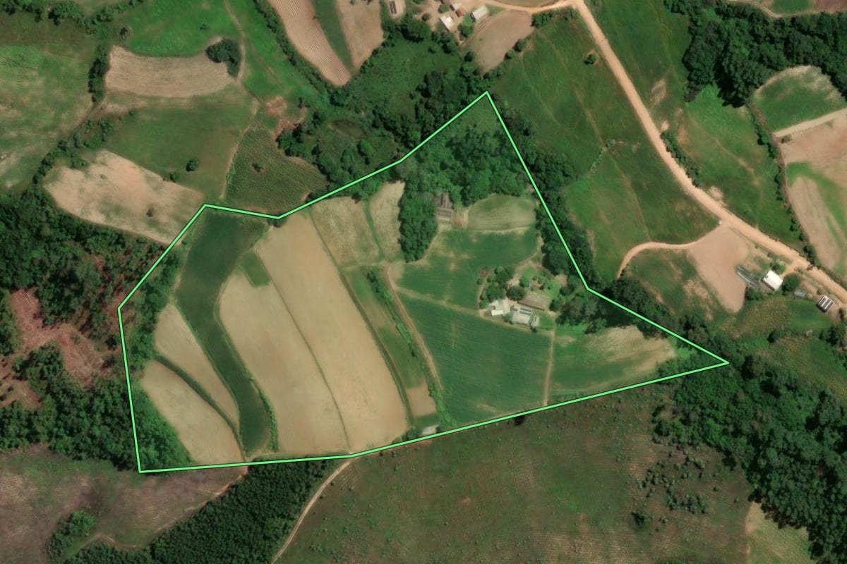 Imagem de satélite do imóvel rural em Camaquã (RS), com o contorno declarado no CAR desenhado por cima.
