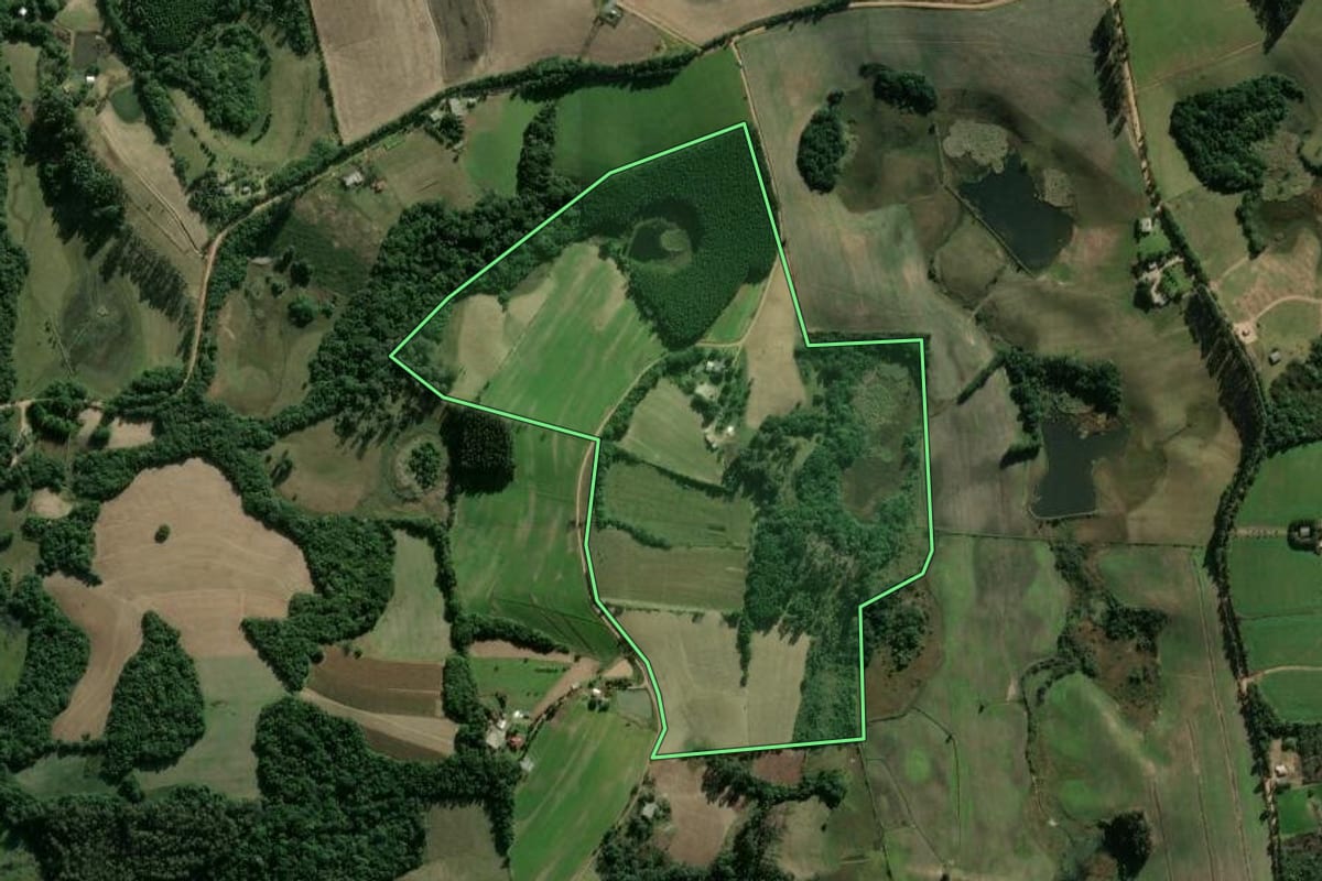 Imagem de satélite do imóvel rural em Camaquã (RS), com o contorno declarado no CAR desenhado por cima.