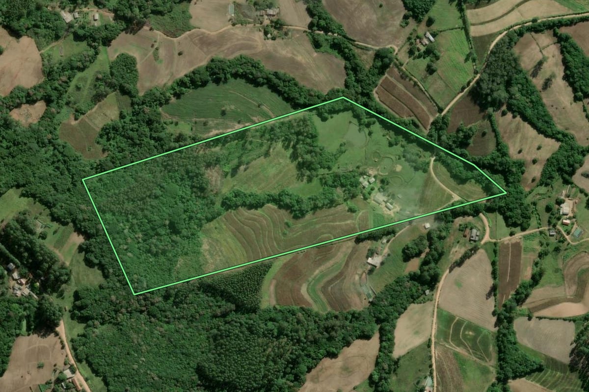 Imagem de satélite do imóvel rural em Camaquã (RS), com o contorno declarado no CAR desenhado por cima.