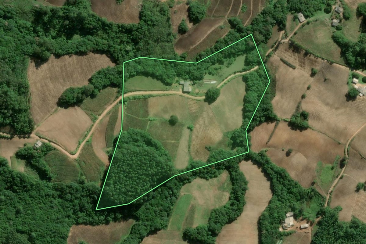 Imagem de satélite do imóvel rural em Camaquã (RS), com o contorno declarado no CAR desenhado por cima.