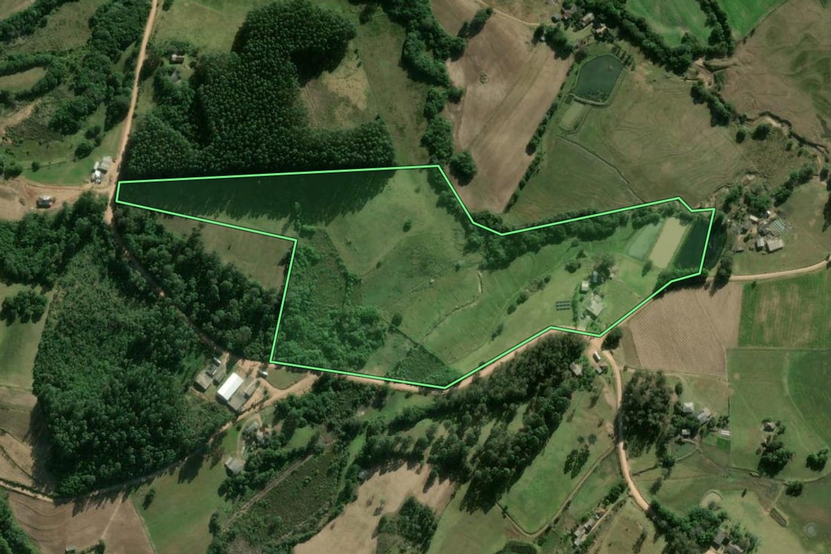 Imagem de satélite do imóvel rural em Camaquã (RS), com o contorno declarado no CAR desenhado por cima.