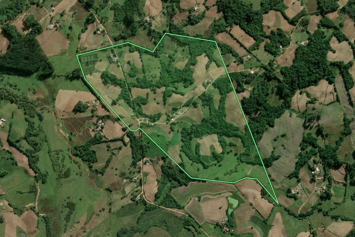 Imagem de satélite do imóvel rural em Camaquã (RS), com o contorno declarado no CAR desenhado por cima.