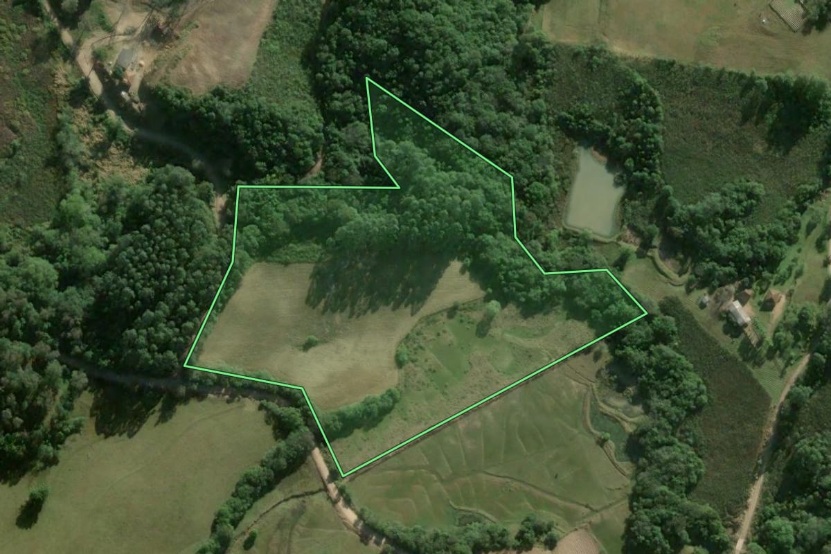 Imagem de satélite do imóvel rural em Camaquã (RS), com o contorno declarado no CAR desenhado por cima.