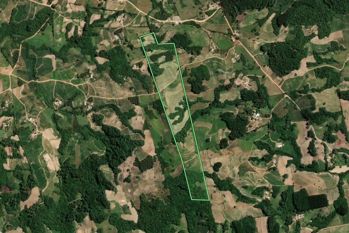 Imagem de satélite do imóvel rural em Camaquã (RS), com o contorno declarado no CAR desenhado por cima.