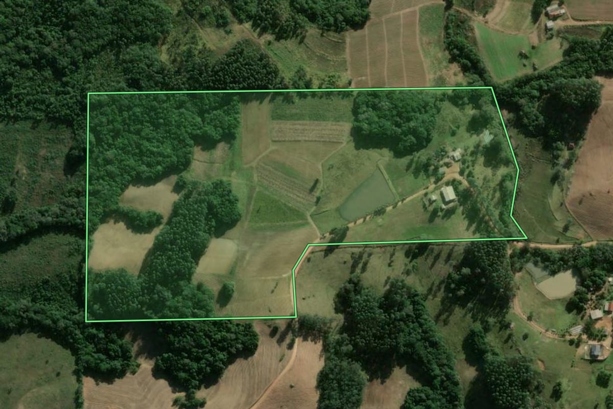 Imagem de satélite do imóvel rural em Camaquã (RS), com o contorno declarado no CAR desenhado por cima.
