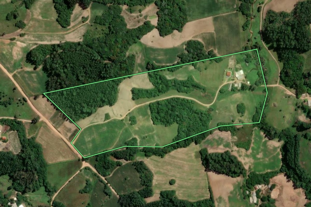 Imagem de satélite do imóvel rural em Camaquã (RS), com o contorno declarado no CAR desenhado por cima.