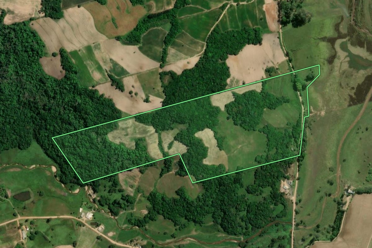 Imagem de satélite do imóvel rural em Camaquã (RS), com o contorno declarado no CAR desenhado por cima.