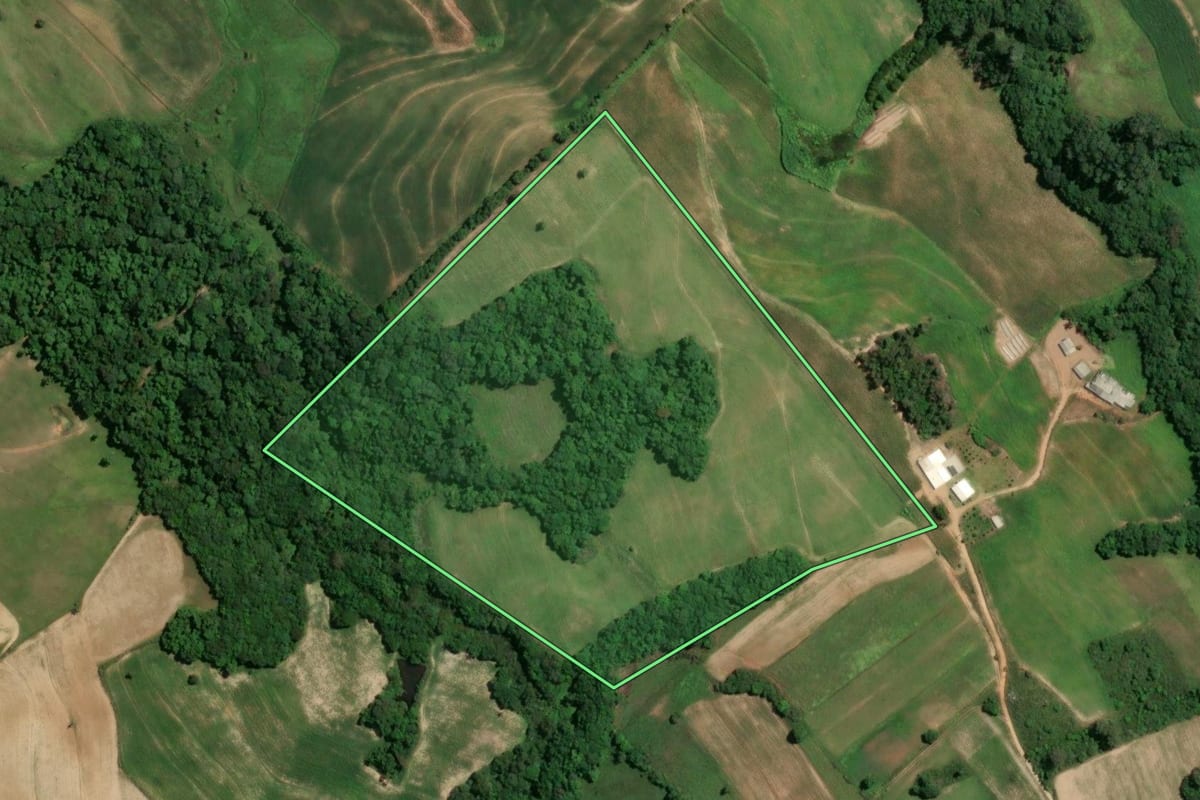 Imagem de satélite do imóvel rural em Camaquã (RS), com o contorno declarado no CAR desenhado por cima.