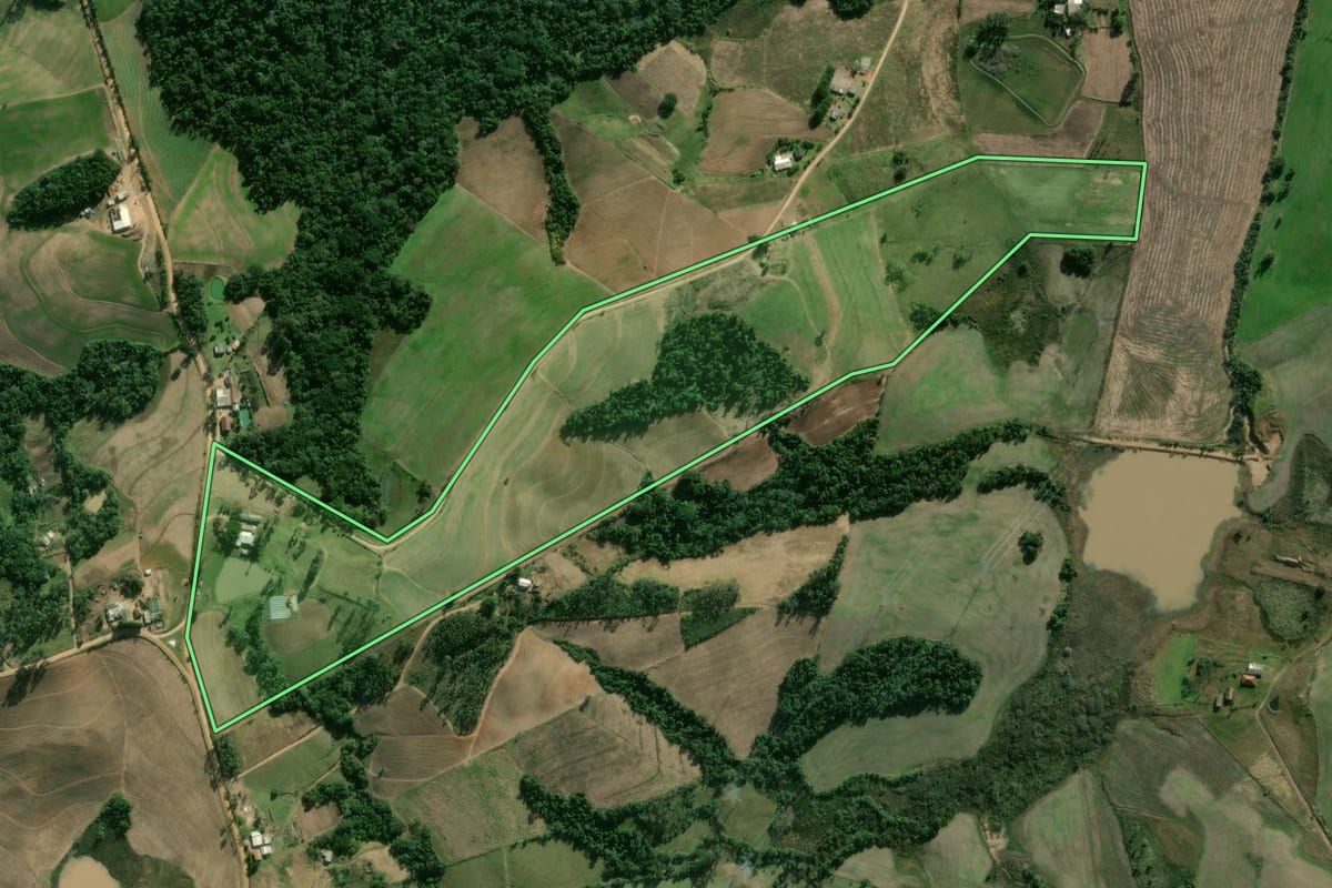 Imagem de satélite do imóvel rural em Camaquã (RS), com o contorno declarado no CAR desenhado por cima.
