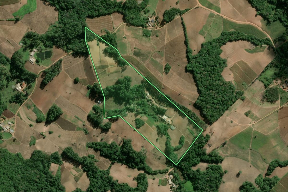 Imagem de satélite do imóvel rural em Camaquã (RS), com o contorno declarado no CAR desenhado por cima.
