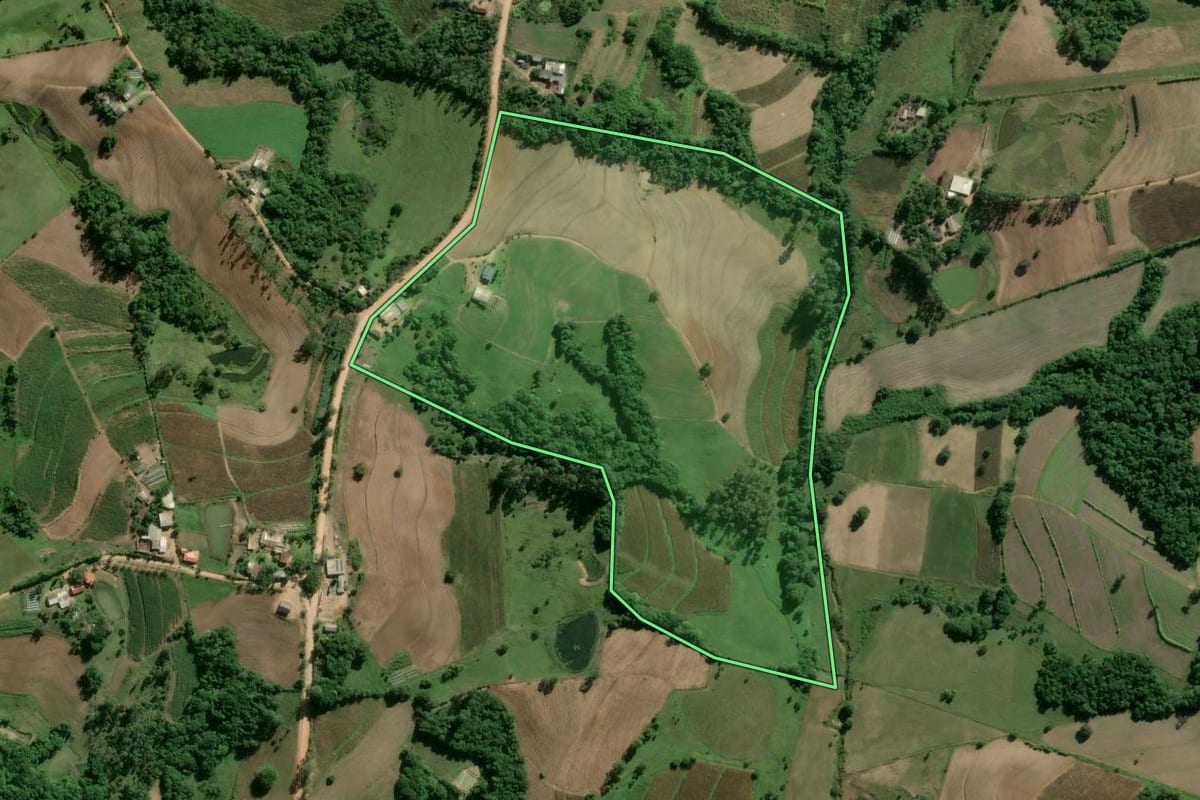Imagem de satélite do imóvel rural em Camaquã (RS), com o contorno declarado no CAR desenhado por cima.