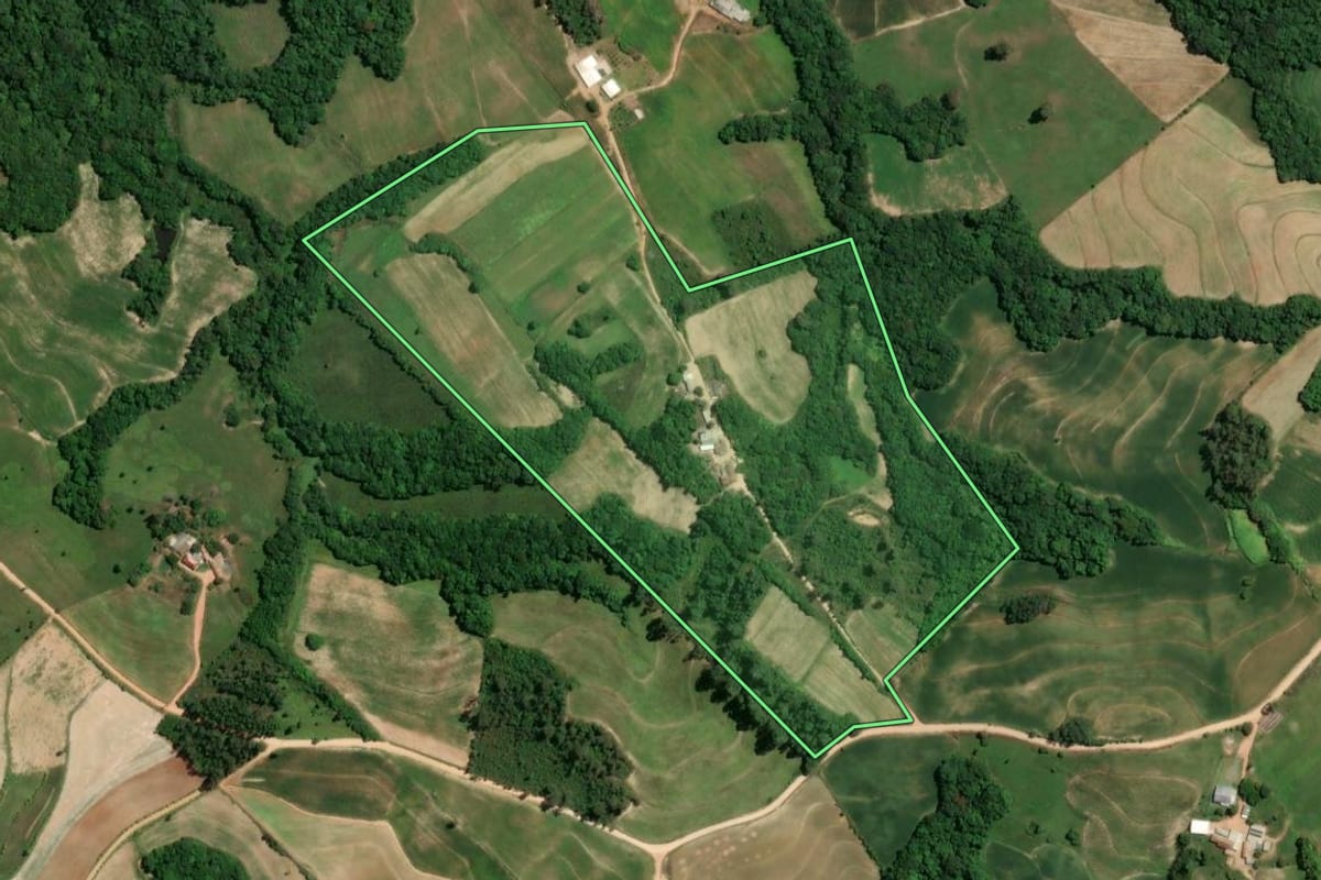 Imagem de satélite do imóvel rural em Camaquã (RS), com o contorno declarado no CAR desenhado por cima.