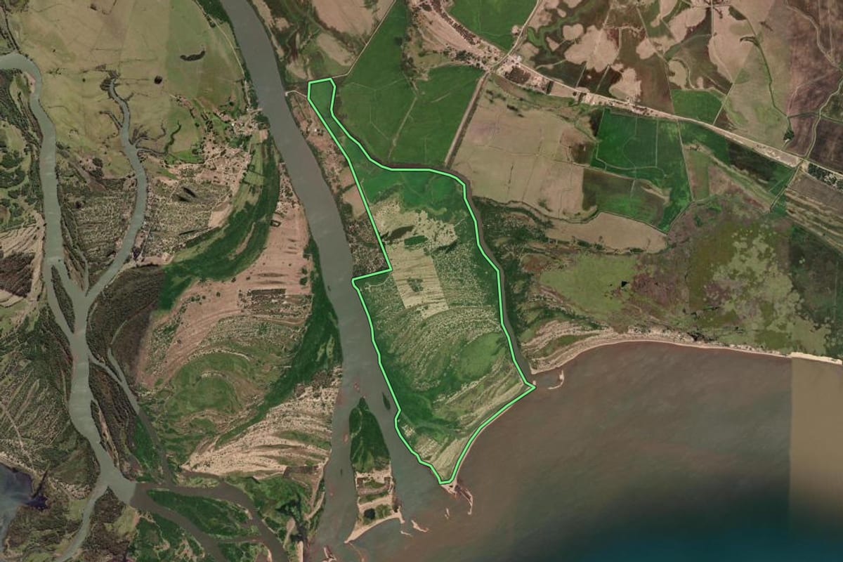 Imagem de satélite do imóvel rural em Camaquã (RS), com o contorno declarado no CAR desenhado por cima.