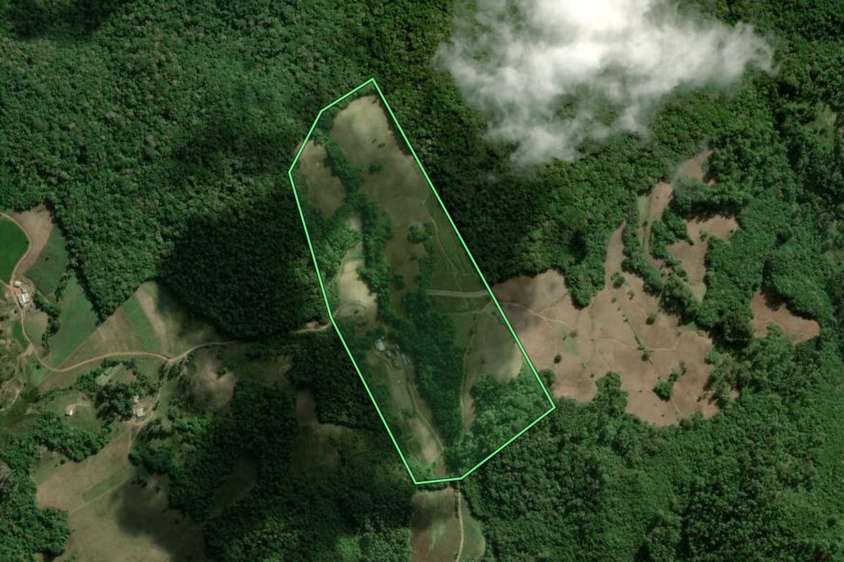 Imagem de satélite do imóvel rural em Camaquã (RS), com o contorno declarado no CAR desenhado por cima.