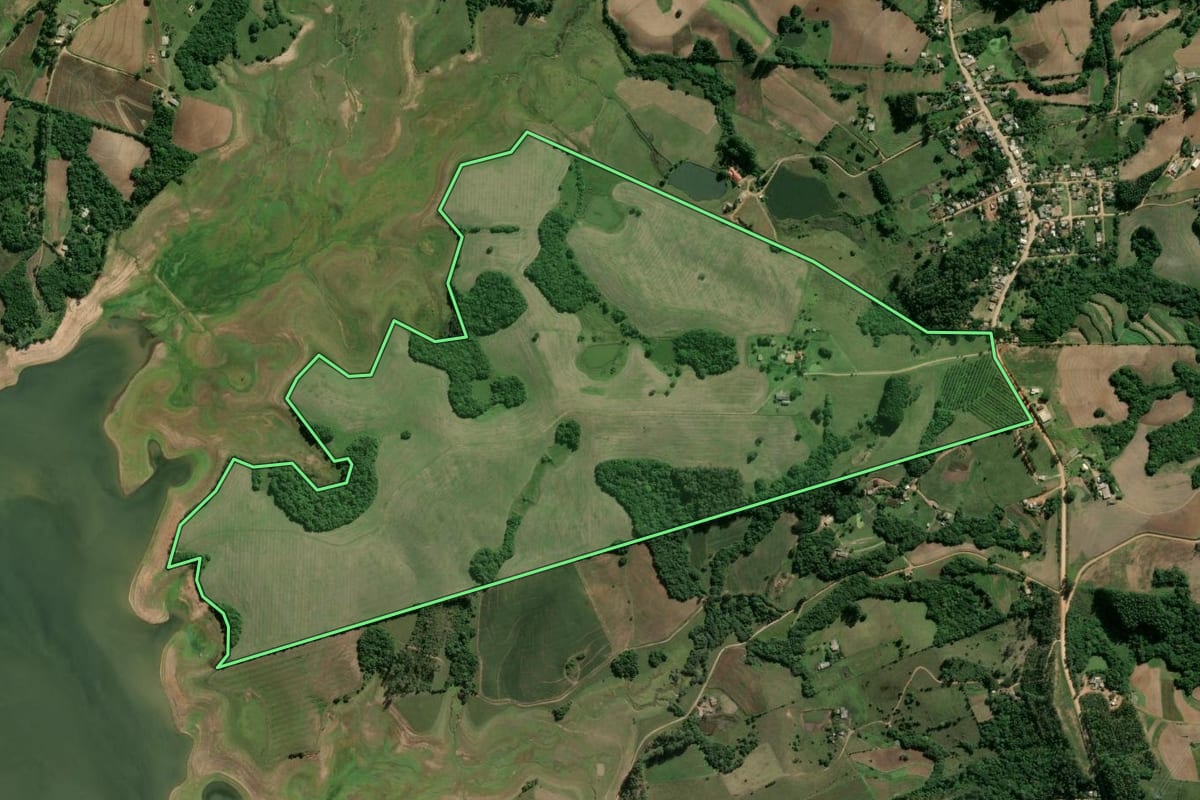 Imagem de satélite do imóvel rural em Camaquã (RS), com o contorno declarado no CAR desenhado por cima.