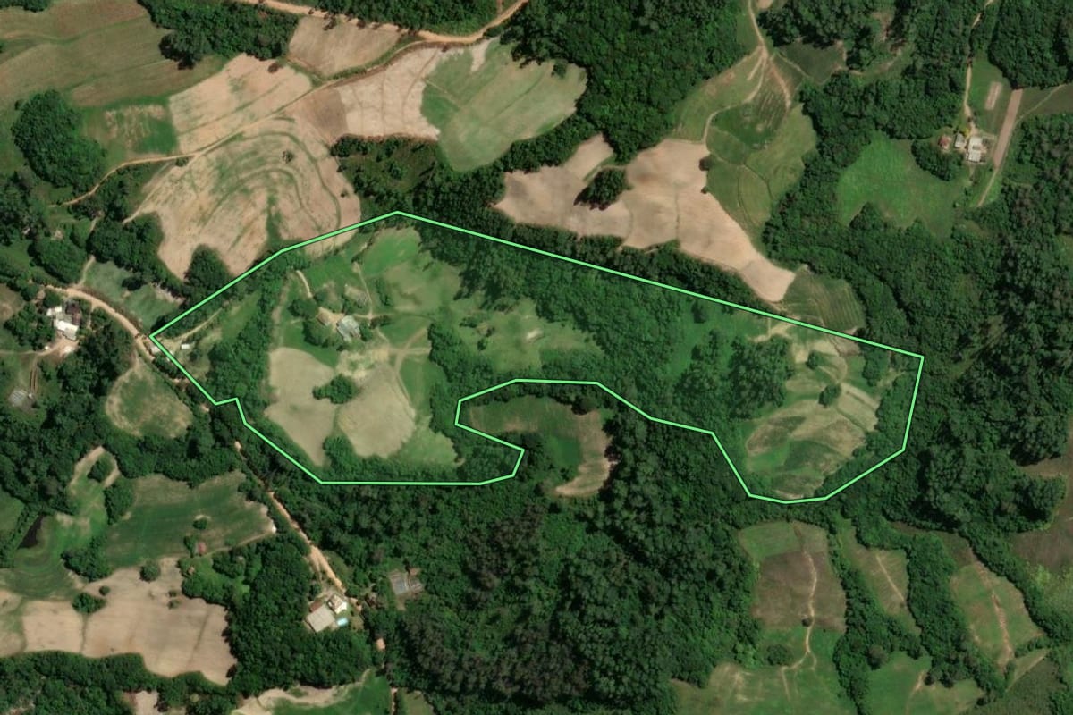 Imagem de satélite do imóvel rural em Camaquã (RS), com o contorno declarado no CAR desenhado por cima.