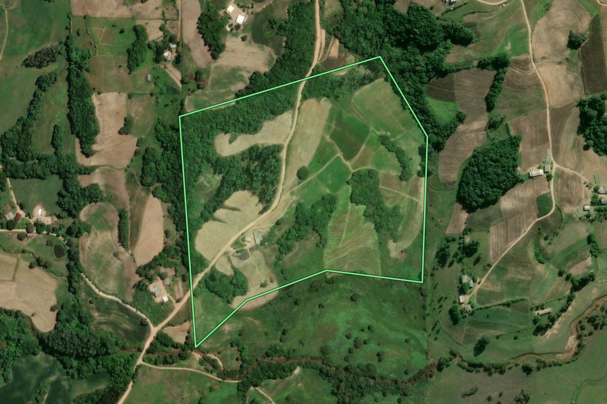 Imagem de satélite do imóvel rural em Camaquã (RS), com o contorno declarado no CAR desenhado por cima.