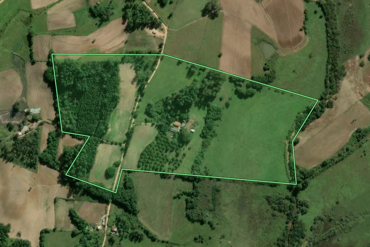 Imagem de satélite do imóvel rural em Camaquã (RS), com o contorno declarado no CAR desenhado por cima.