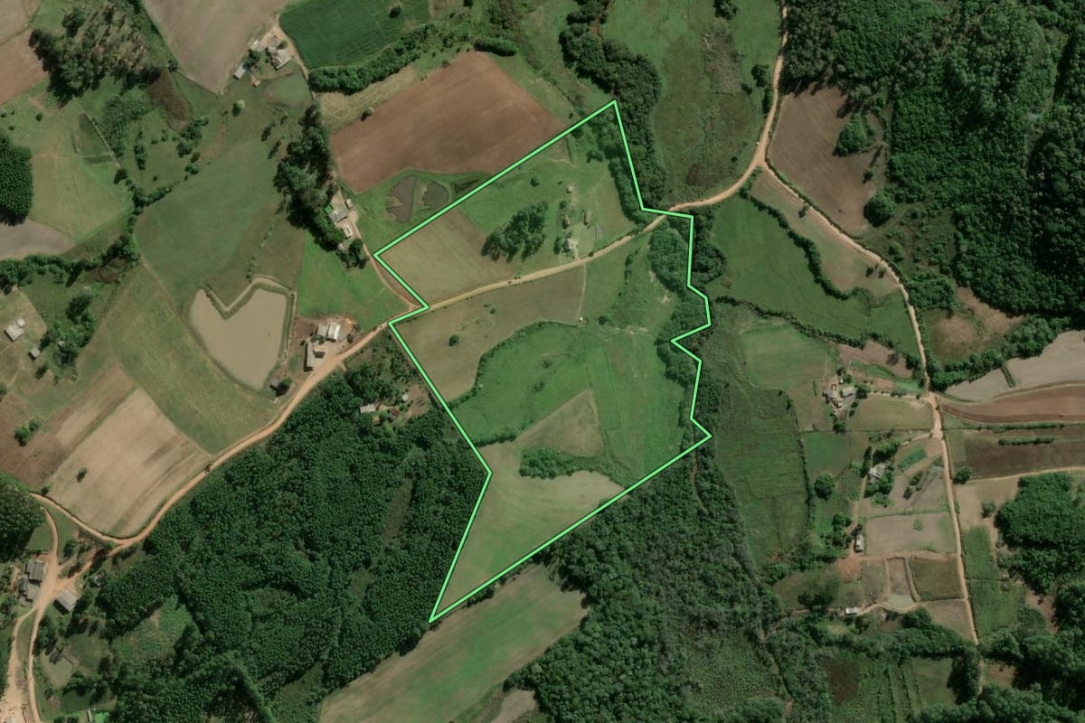 Imagem de satélite do imóvel rural em Camaquã (RS), com o contorno declarado no CAR desenhado por cima.