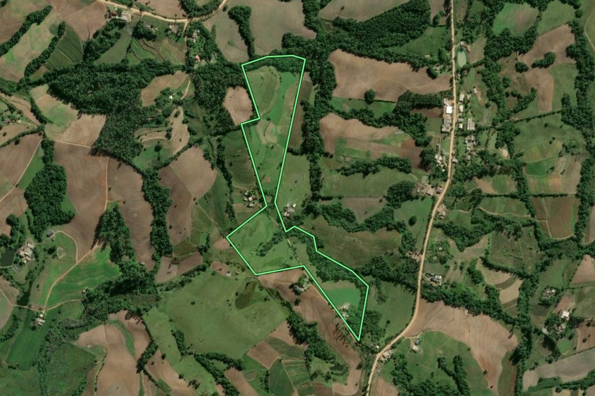 Imagem de satélite do imóvel rural em Camaquã (RS), com o contorno declarado no CAR desenhado por cima.