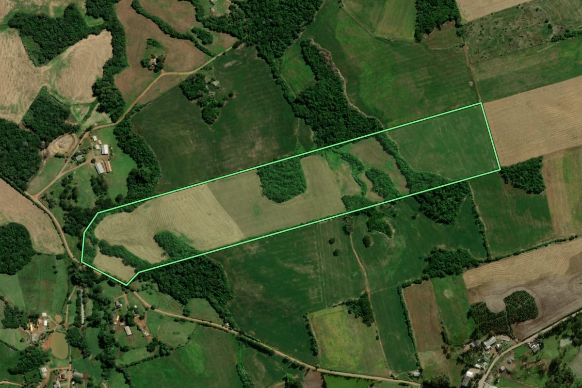 Imagem de satélite do imóvel rural em Camargo (RS), com o contorno declarado no CAR desenhado por cima.