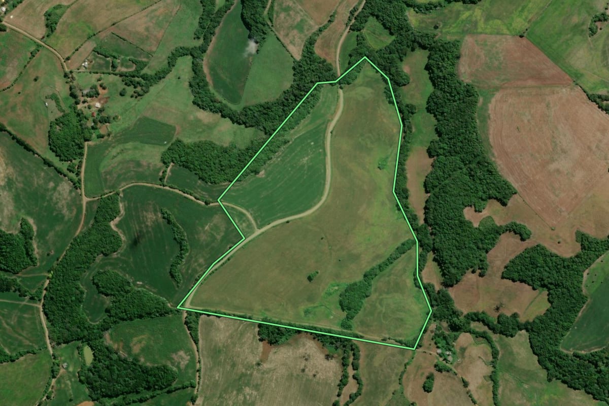 Imagem de satélite do imóvel rural em Camargo (RS), com o contorno declarado no CAR desenhado por cima.