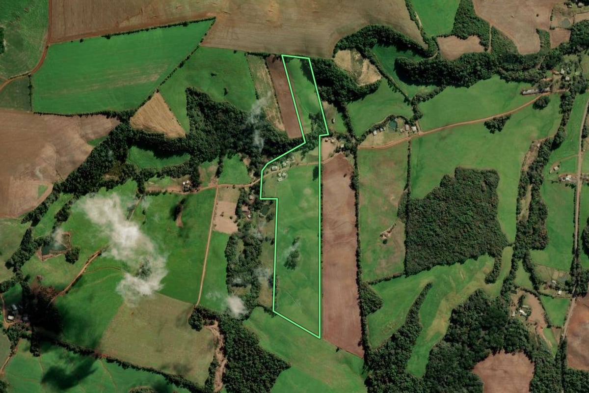 Imagem de satélite do imóvel rural em Camargo (RS), com o contorno declarado no CAR desenhado por cima.