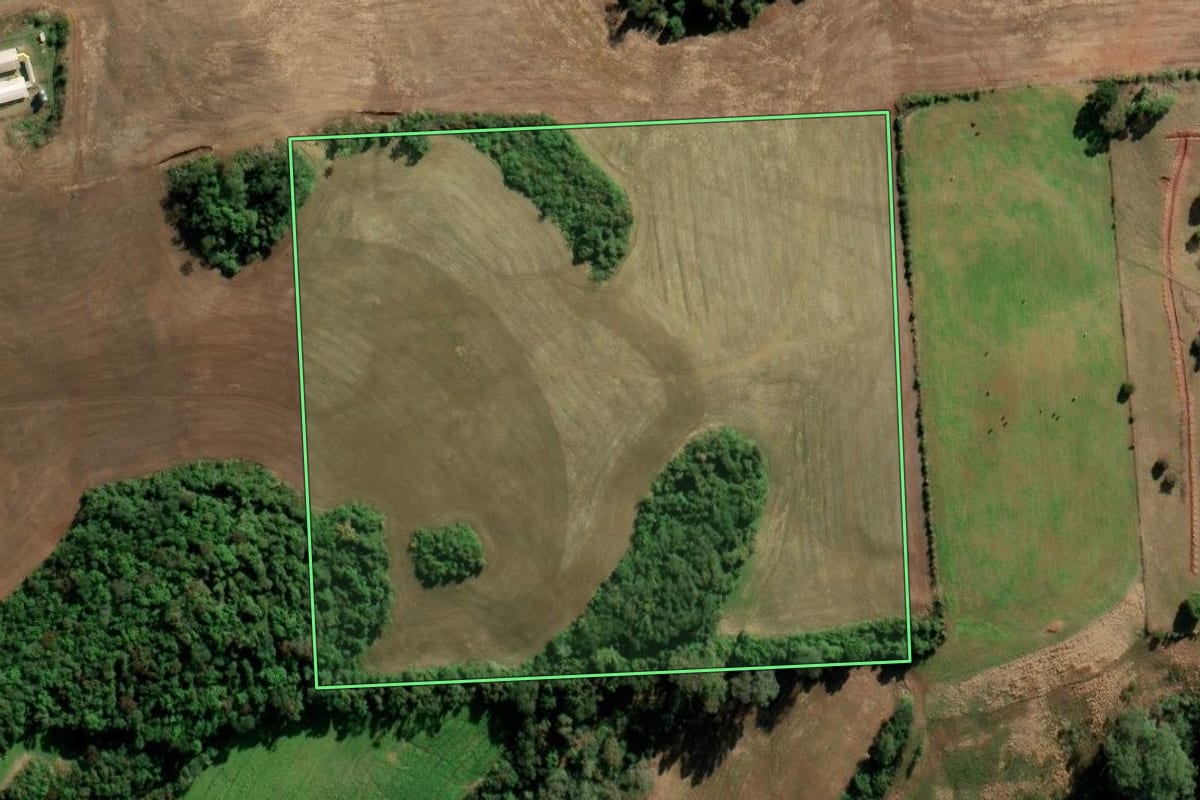 Imagem de satélite do imóvel rural em Camargo (RS), com o contorno declarado no CAR desenhado por cima.