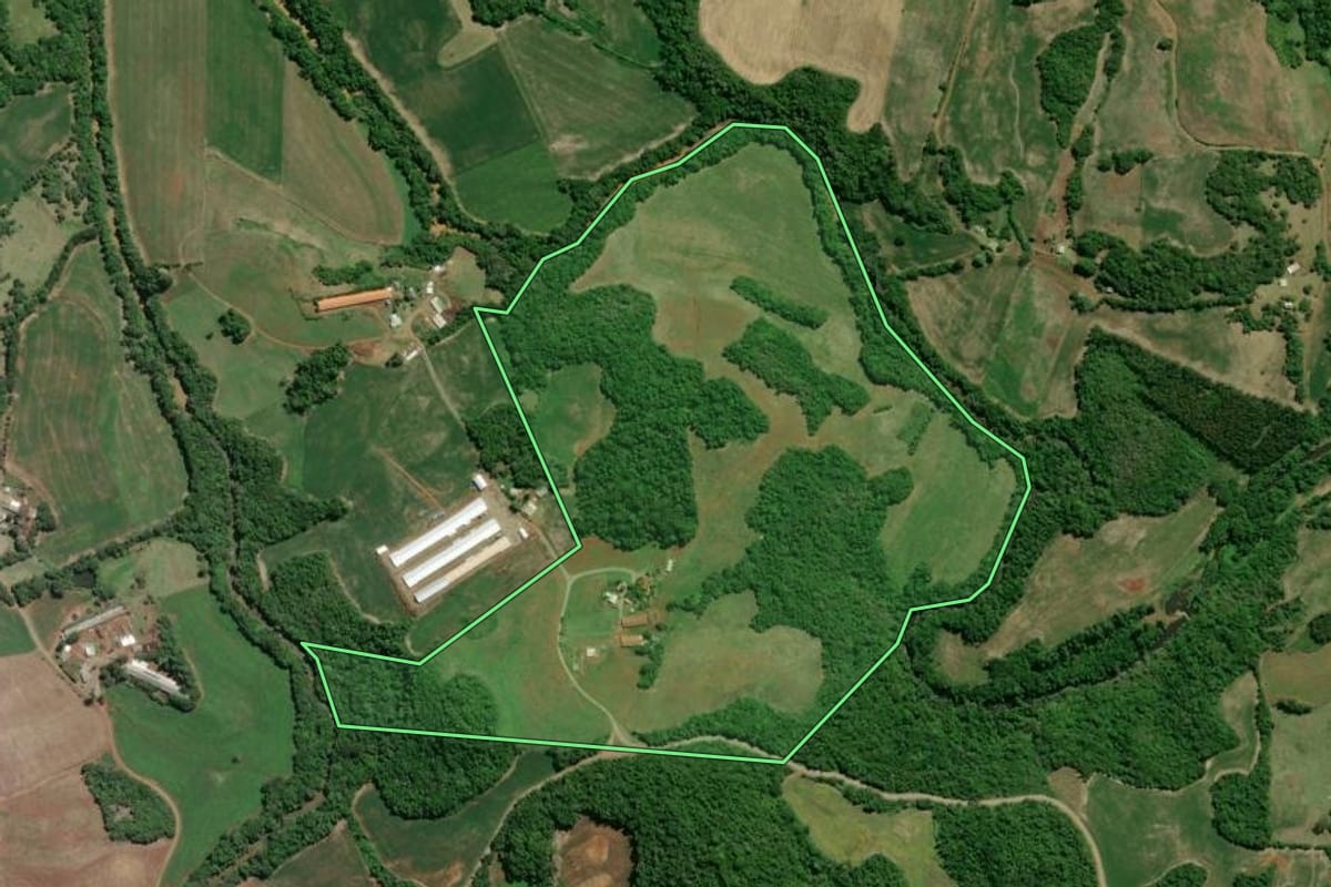 Imagem de satélite do imóvel rural em Camargo (RS), com o contorno declarado no CAR desenhado por cima.