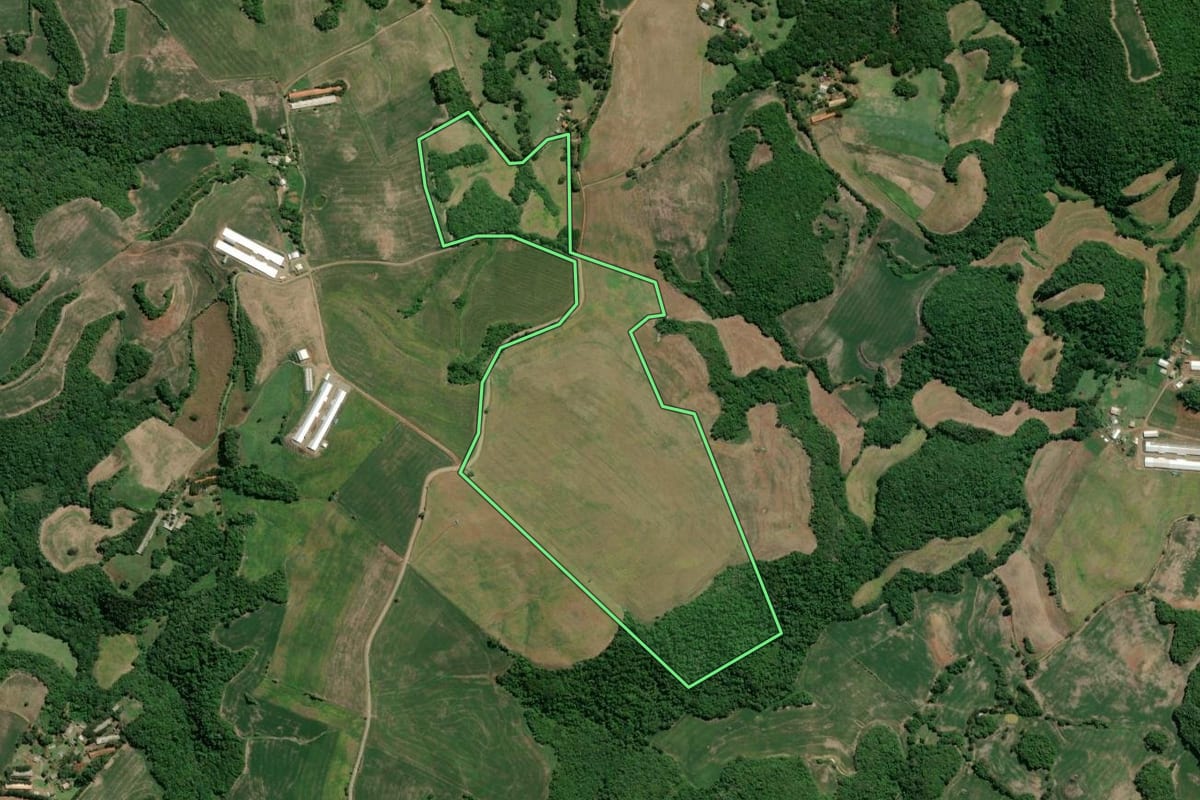 Imagem de satélite do imóvel rural em Camargo (RS), com o contorno declarado no CAR desenhado por cima.