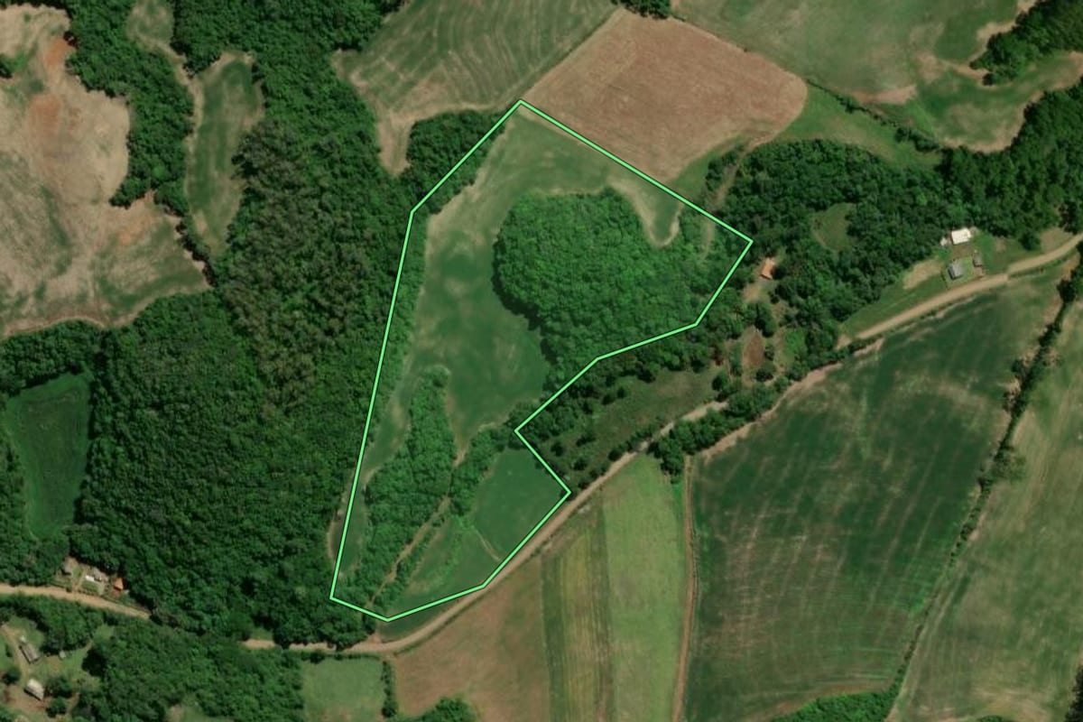 Imagem de satélite do imóvel rural em Camargo (RS), com o contorno declarado no CAR desenhado por cima.