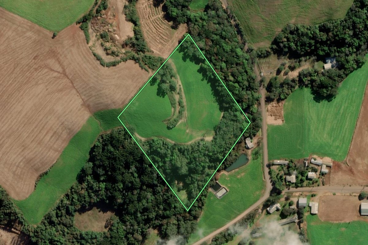 Imagem de satélite do imóvel rural em Camargo (RS), com o contorno declarado no CAR desenhado por cima.