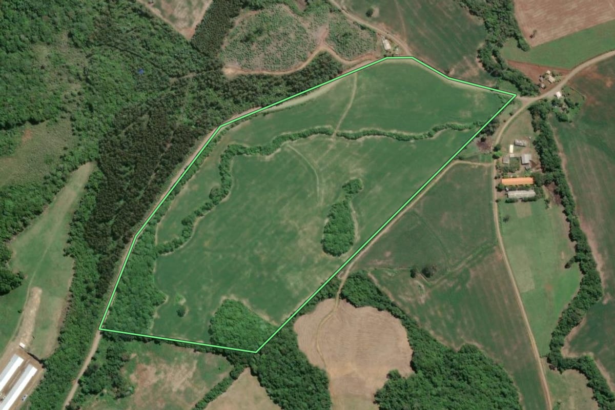 Imagem de satélite do imóvel rural em Camargo (RS), com o contorno declarado no CAR desenhado por cima.