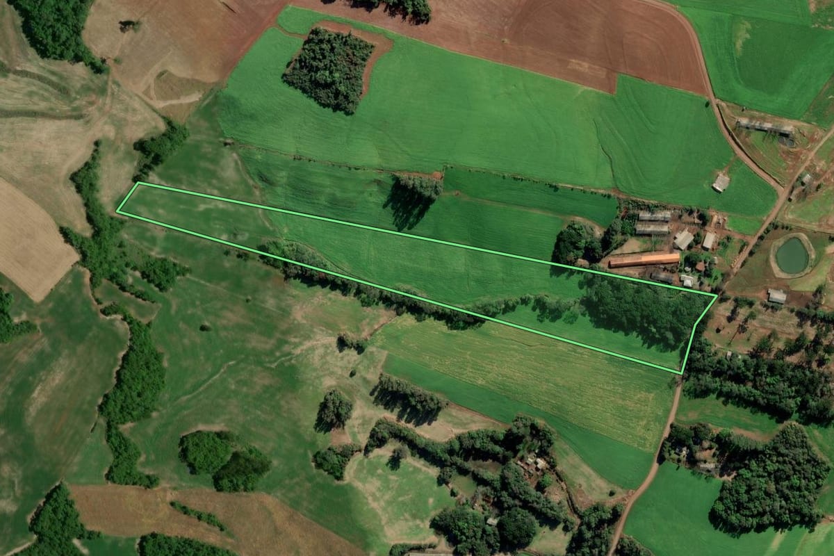 Imagem de satélite do imóvel rural em Camargo (RS), com o contorno declarado no CAR desenhado por cima.