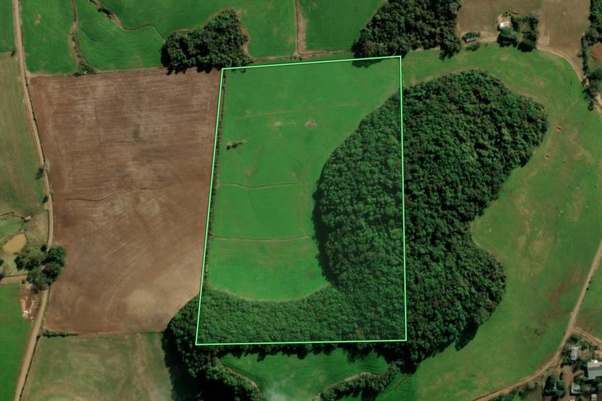 Imagem de satélite do imóvel rural em Camargo (RS), com o contorno declarado no CAR desenhado por cima.