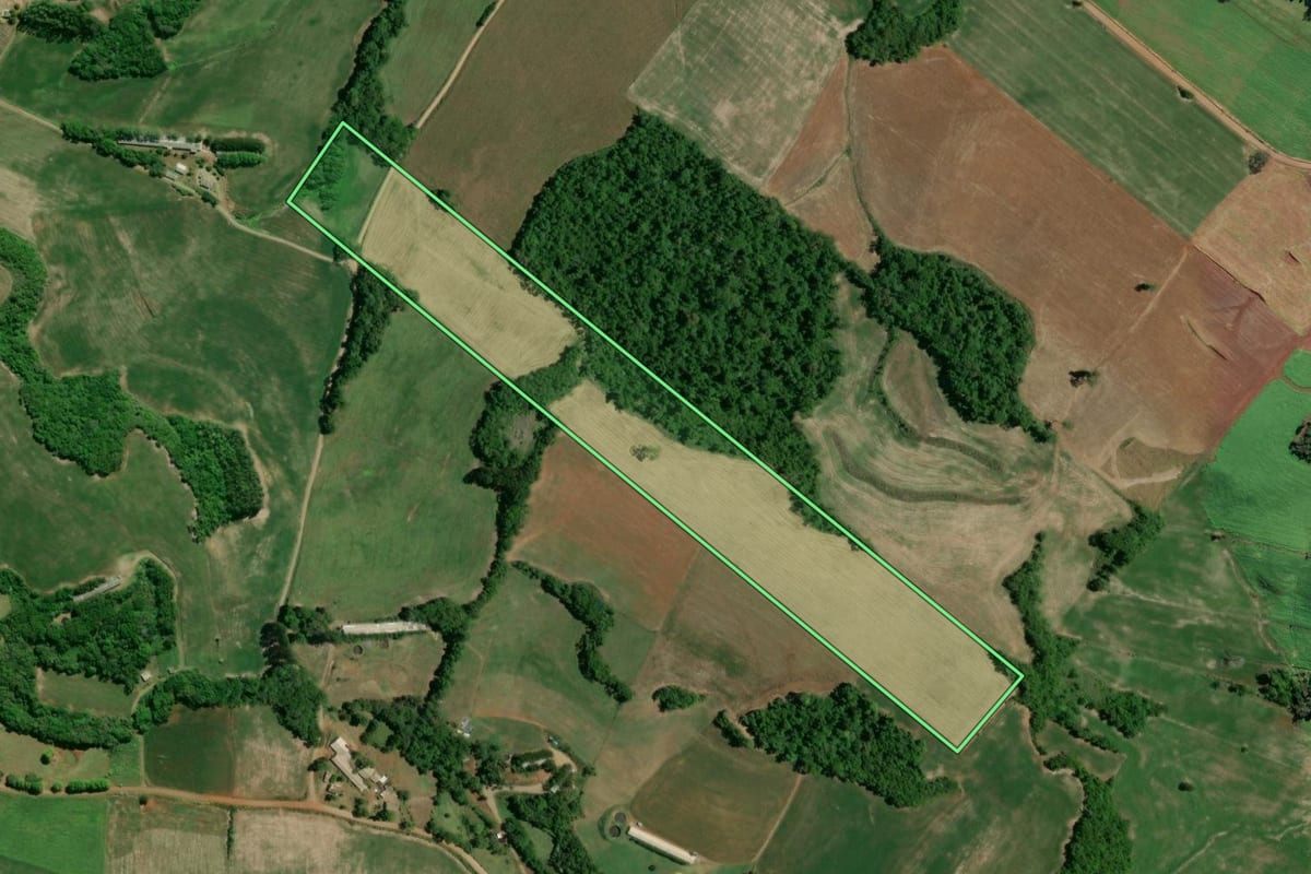 Imagem de satélite do imóvel rural em Camargo (RS), com o contorno declarado no CAR desenhado por cima.