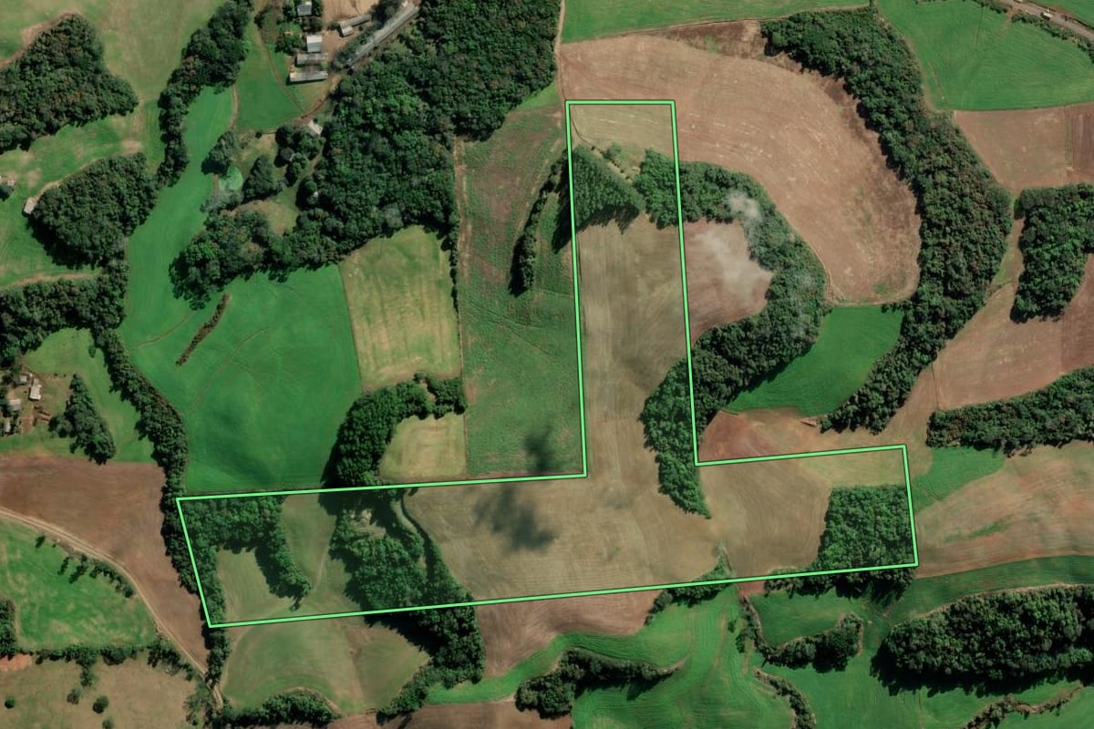 Imagem de satélite do imóvel rural em Camargo (RS), com o contorno declarado no CAR desenhado por cima.