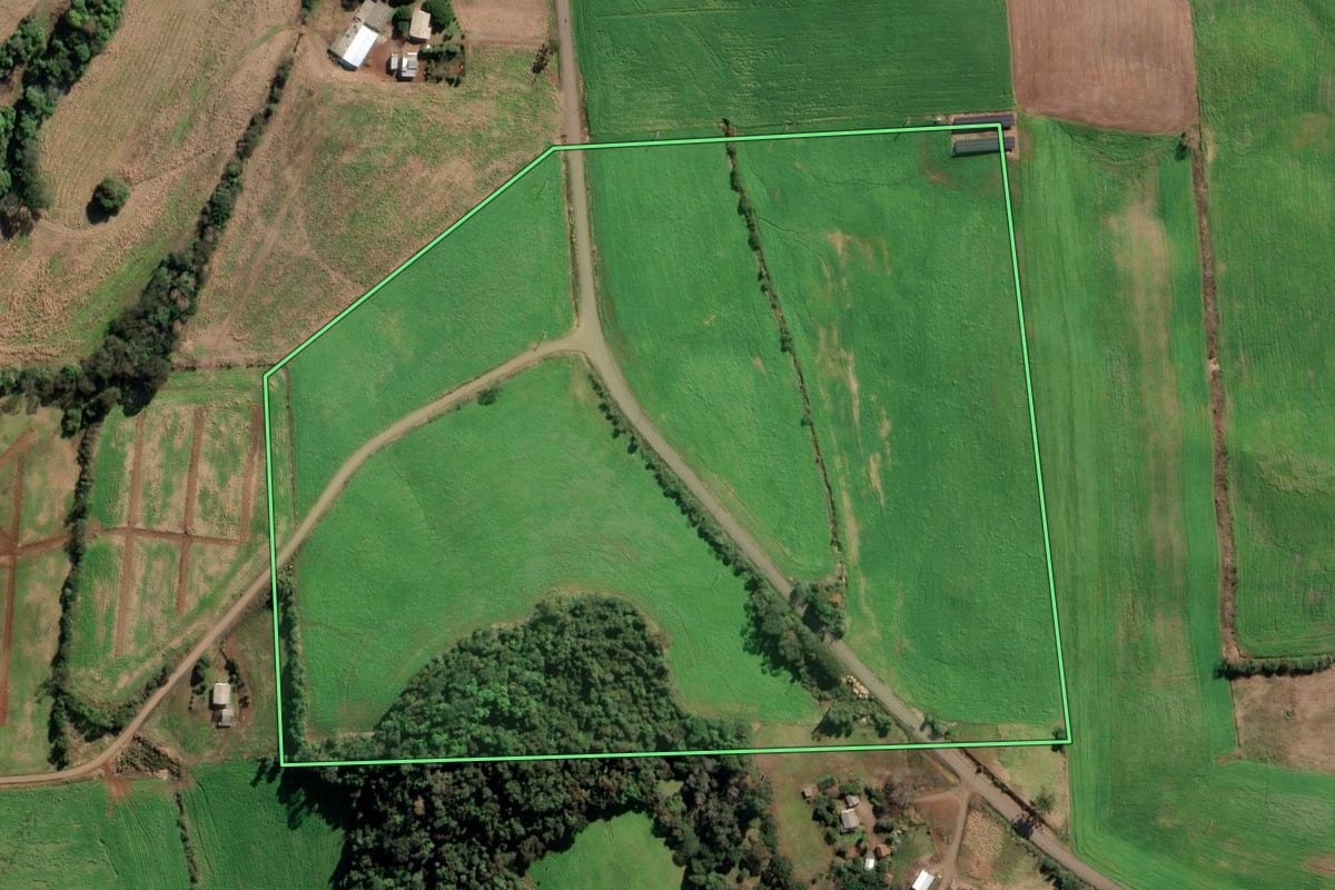 Imagem de satélite do imóvel rural em Camargo (RS), com o contorno declarado no CAR desenhado por cima.